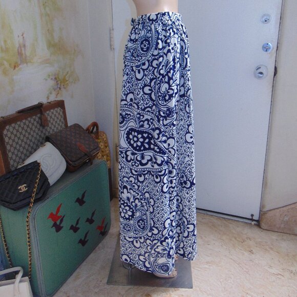 Vintage 70s Maxi Skirt Blue White Paisley Floral Prairie Cottagecore Sz M - Picture 3 of 7